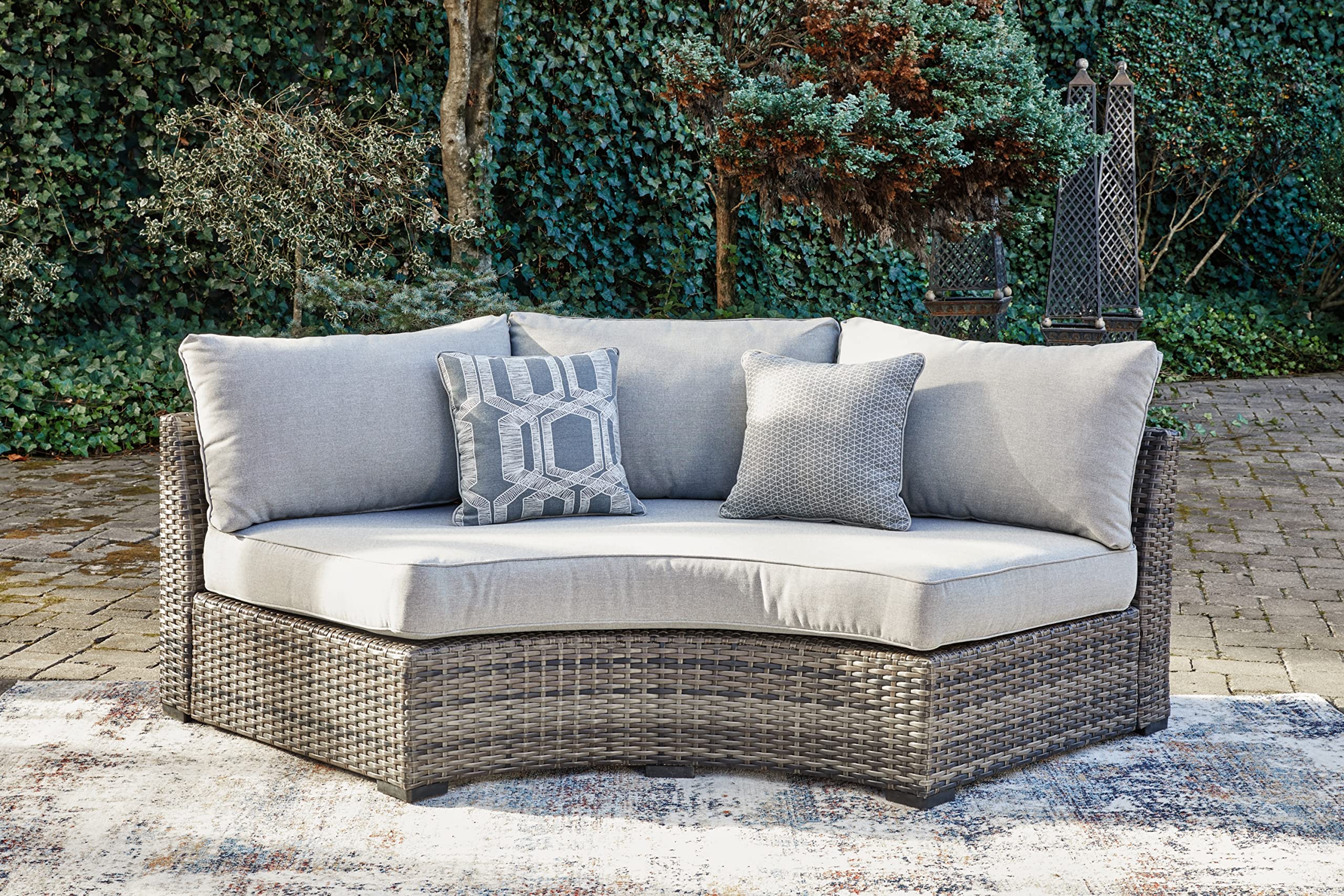 Signature Design by Ashley Harbor Court Casual Outdoor Armless Curved Loveseat with Cushion, Dark Brown & Light Gray