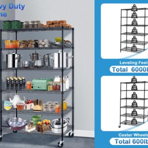 6000Lbs Capacity Storage Shelves, 6 Tier NSF Certified Heavy Duty Wire Shelving with Wheels, 48"Lx18"Wx78"H Adjustable Metal Shelving for Restaurant Pantry Kitchen, Storage Rack Utility Shelf