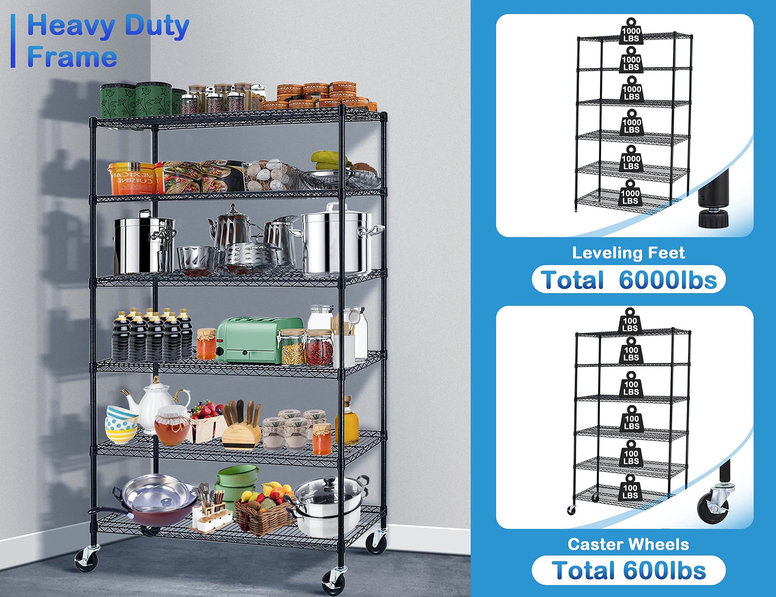 6000Lbs Capacity Storage Shelves, 6 Tier NSF Certified Heavy Duty Wire Shelving with Wheels, 48"Lx18"Wx78"H Adjustable Metal Shelving for Restaurant Pantry Kitchen, Storage Rack Utility Shelf