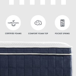 Mellow 12 Inch RENA Euro Top Pocket Spring Hybrid Mattress with Green Tea Memory Foam, King, Navy