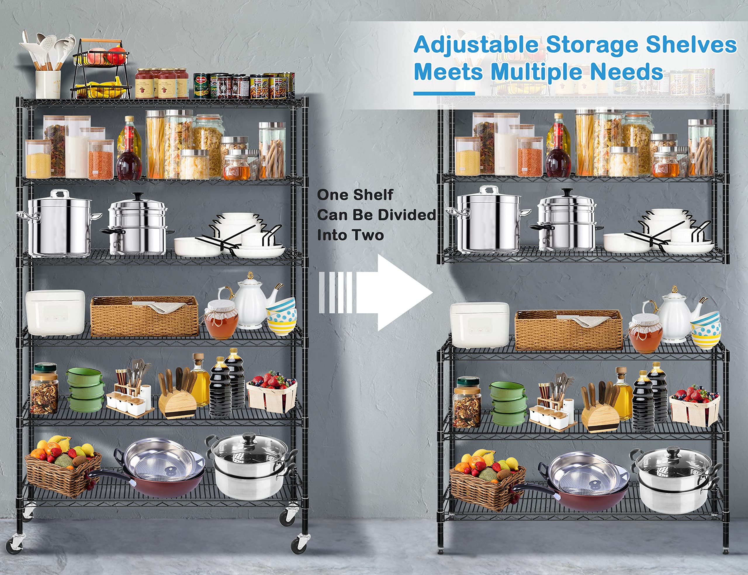 6000Lbs Capacity Storage Shelves, 6 Tier NSF Certified Heavy Duty Wire Shelving with Wheels, 48"Lx18"Wx78"H Adjustable Metal Shelving for Restaurant Pantry Kitchen, Storage Rack Utility Shelf