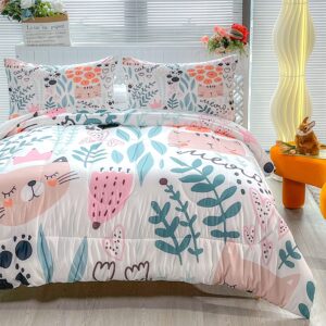 CVHOUSE Cat Bedding,Cartoon Cat Comforter Twin,Animals Print Comforter Set for Kids,Kawaii Quilt Set with 1 Comforter and 2 Pillow Cases