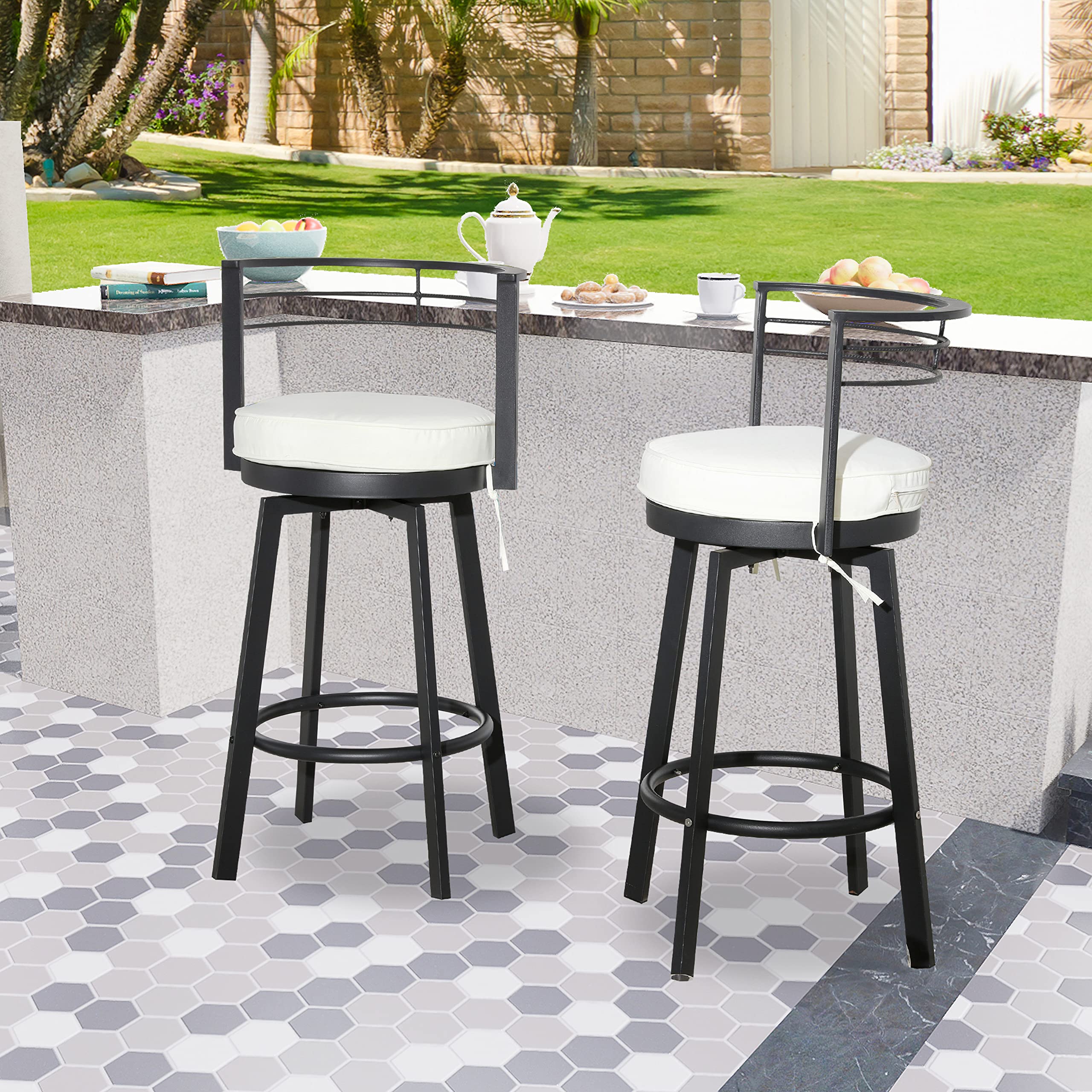 PatioFestival Patio Swivel Bar Stools Set of 2,Outdoor High Bistro Stools&Bar Chairs with Curved Backrese,Morden Cushioned All-Weather Bar Dining Chair Patio Furniture for Garden Deck Lawn Garden