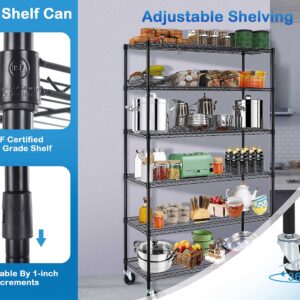 6000Lbs Capacity Storage Shelves, 6 Tier NSF Certified Heavy Duty Wire Shelving with Wheels, 48"Lx18"Wx78"H Adjustable Metal Shelving for Restaurant Pantry Kitchen, Storage Rack Utility Shelf