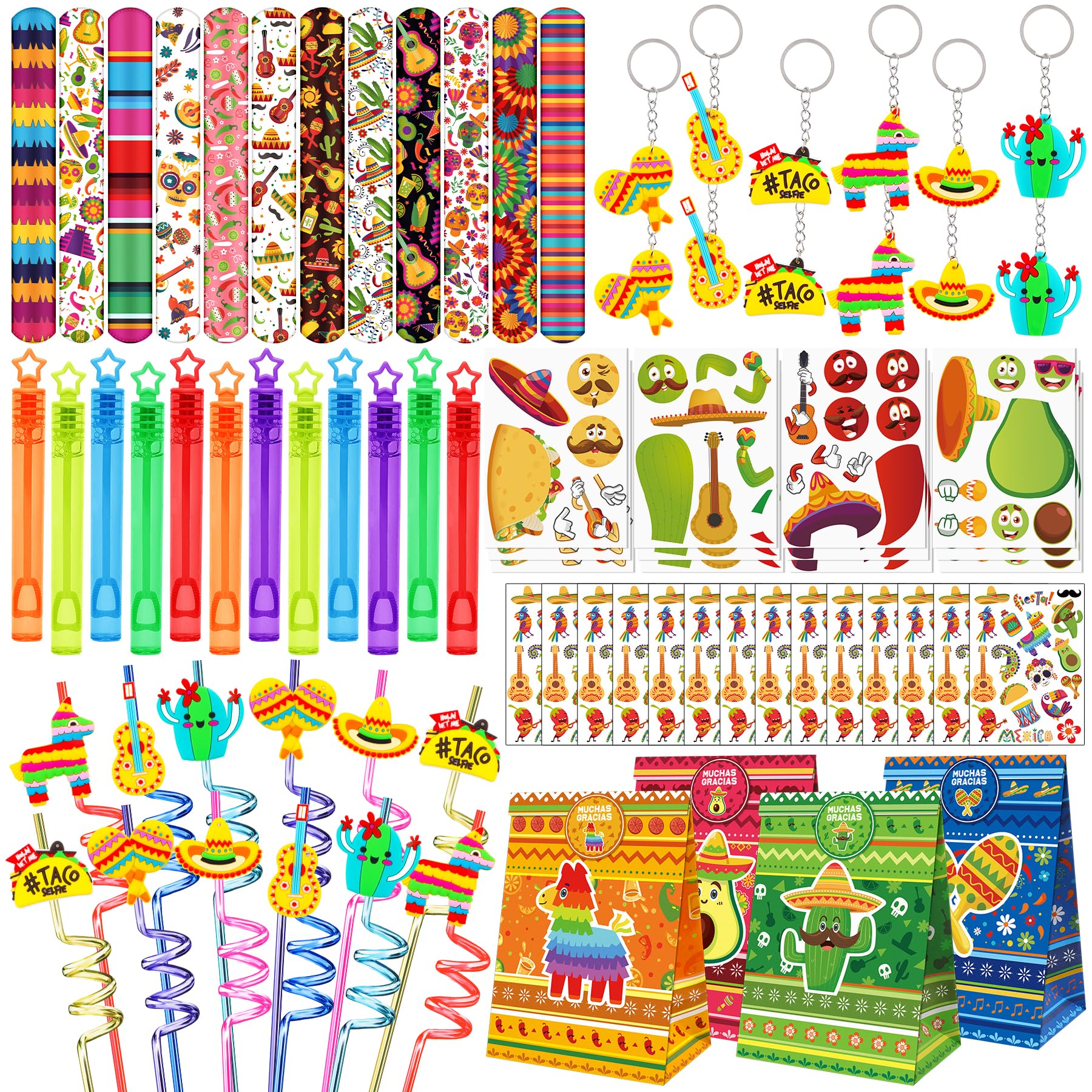 Erweicet Fiesta Party Favors 84 PCS Fiesta Mexican Theme Slap Bracelets DIY Stickers Tattoo Stickers Keychains Straws Gift Bags for Cinco De Mayo Theme Birthday Party Baby Shower