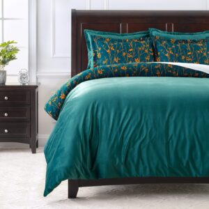 chanasya premium 5-piece reversible ultra soft brushed microfiber velvet bedding comforter duvet cover set - teal yellow bramble leaves foliage print - (1 duvet cover & 4 pillow shams) - queen bed