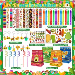 Erweicet Fiesta Party Favors 84 PCS Fiesta Mexican Theme Slap Bracelets DIY Stickers Tattoo Stickers Keychains Straws Gift Bags for Cinco De Mayo Theme Birthday Party Baby Shower