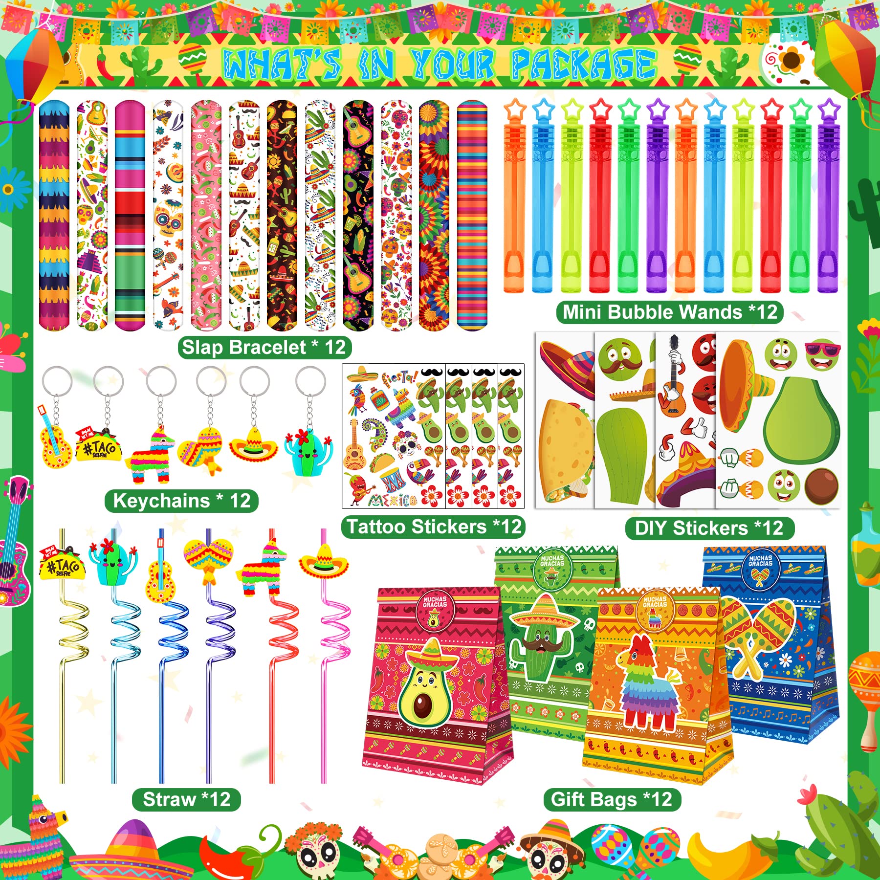 Erweicet Fiesta Party Favors 84 PCS Fiesta Mexican Theme Slap Bracelets DIY Stickers Tattoo Stickers Keychains Straws Gift Bags for Cinco De Mayo Theme Birthday Party Baby Shower