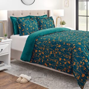 Chanasya Premium 5-Piece Reversible Ultra Soft Brushed Microfiber Velvet Bedding Comforter Duvet Cover Set - Teal Yellow Bramble Leaves Foliage Print - (1 Duvet Cover & 4 Pillow Shams) - Queen Bed