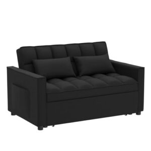 HABITRIO Loveseat with Pull-Out Sleeper Bed, Solid Wood Frame Black Velvet Upholstered 55" 2-Seater Sofa Couch w/3-Position Reclining Backrest, 2 Side Pockets, 2 Pillows, Furniture for Living Room