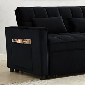 HABITRIO Loveseat with Pull-Out Sleeper Bed, Solid Wood Frame Black Velvet Upholstered 55" 2-Seater Sofa Couch w/3-Position Reclining Backrest, 2 Side Pockets, 2 Pillows, Furniture for Living Room