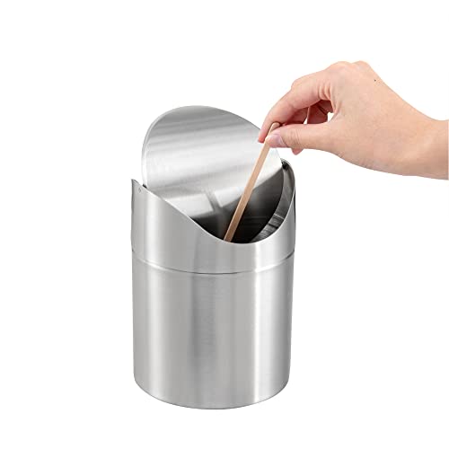 Restaurantware RW Clean 0.4 Gallon Countertop Garbage Can 1 Compact Mini Trash Bin - Swing Top Lid Avoids Rust & Stains Stainless Steel 201 Tabletop Garbage Can For Kitchens & More