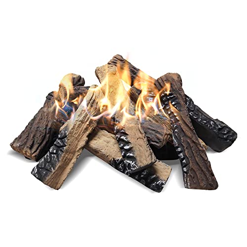 Large Gas Fireplace Logs, Set of 10 Ceramic Logs for Gas Fireplace, Artificial Realistic Firewood Logs, Indoor Outdoor Gas Logs for Fireplace Firepit, Ventless & Vent Free