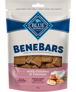 blue buffalo benebars skin & coat support dog treats with omega 3 & 6 fatty acids, made with natural ingredients, usa chicken & coconut, 9-oz. bag