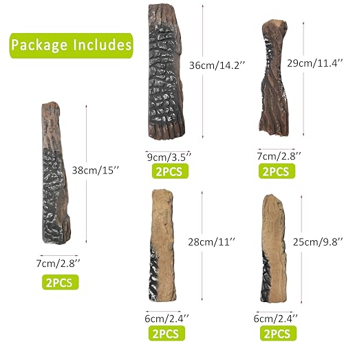 Large Gas Fireplace Logs, Set of 10 Ceramic Logs for Gas Fireplace, Artificial Realistic Firewood Logs, Indoor Outdoor Gas Logs for Fireplace Firepit, Ventless & Vent Free