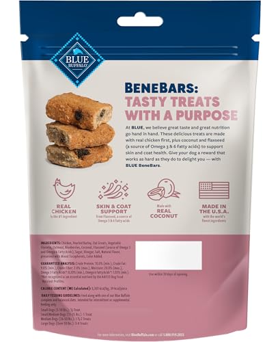 Blue Buffalo BeneBars Skin & Coat Support Dog Treats with Omega 3 & 6 Fatty Acids, Made with Natural Ingredients, USA Chicken & Coconut, 9-oz. Bag