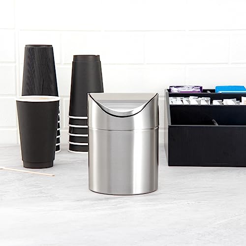 Restaurantware RW Clean 0.4 Gallon Countertop Garbage Can 1 Compact Mini Trash Bin - Swing Top Lid Avoids Rust & Stains Stainless Steel 201 Tabletop Garbage Can For Kitchens & More