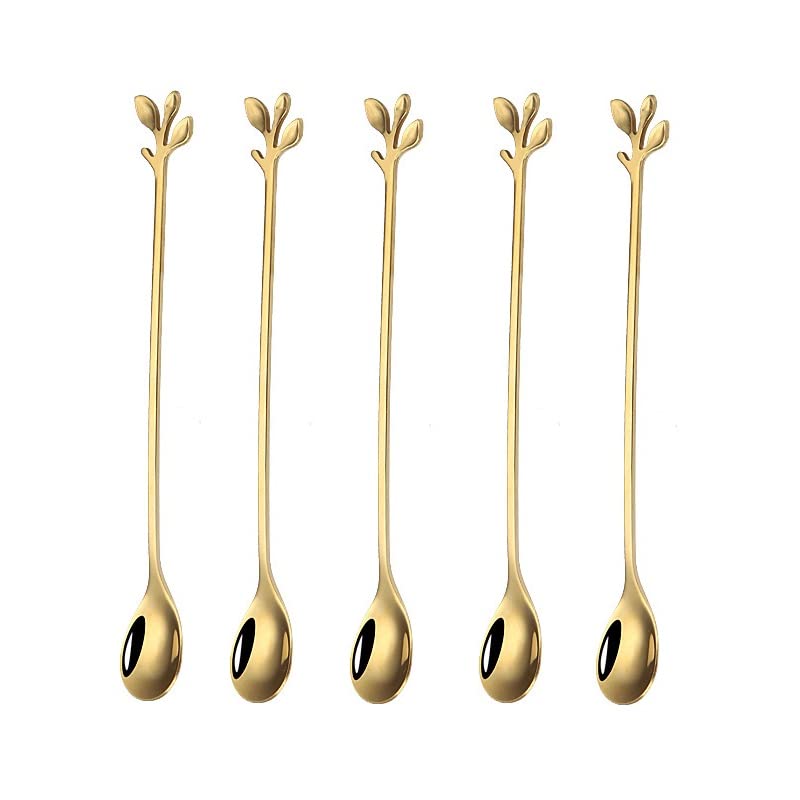 10 Pieces Stainless Steel Leaf Teaspoons Coffee Teaspoon 7.4 Inch Set Stainless Steel Long Handle Spoon Stir Bar Spoon Stirring Spoon Ice Cream Spoon Gold