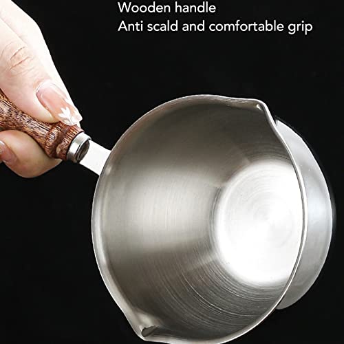 Fdit Dual Spout Warmer, Stainless Steel Mini Melting Pot with Wooden Handle, Multifunction Milk Pot Chocolate Melting Pan for Kitchen (200ML)