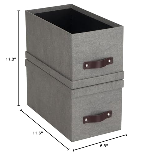 Bigso Box of Sweden Silvia Organizational Photo Storage Box with Leather Handle for Shelves and Stacks Easily | Durable and Decorative Storage Boxes with Lids | 5.9" x 6.5" x 11.6" | 2 Pack | Gray