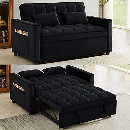 HABITRIO Loveseat with Pull-Out Sleeper Bed, Solid Wood Frame Black Velvet Upholstered 55" 2-Seater Sofa Couch w/3-Position Reclining Backrest, 2 Side Pockets, 2 Pillows, Furniture for Living Room