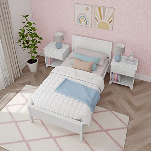 Max & Lily Twin Bed, Solid Wood Twin Bed Frame with Panel Headboard, Kids Twin Bed with Wood Slat Support, No Box Spring Needed, White