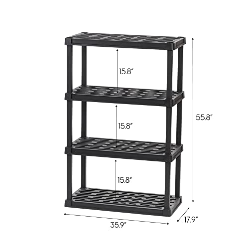 IRIS USA 4-Tier Heavy Duty Plastic Shelving Unit, 56" Tall - 100lbs per Shelf, Modular Garage Rack Storage Organizer for Home, Basement, Laundry & Utility Room, 18"D x 36"W x 56"H - Black