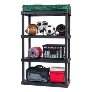 iris usa 4-tier heavy duty plastic shelving unit, 56" tall - 100lbs per shelf, modular garage rack storage organizer for home, basement, laundry & utility room, 18"d x 36"w x 56"h - black