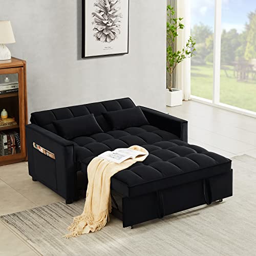 HABITRIO Loveseat with Pull-Out Sleeper Bed, Solid Wood Frame Black Velvet Upholstered 55" 2-Seater Sofa Couch w/3-Position Reclining Backrest, 2 Side Pockets, 2 Pillows, Furniture for Living Room