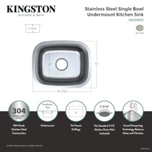 Kingston Brass GKUS18157 Gourmetier Stainless Steel Undermount Single Bowl Kitchen Sink, Brushed