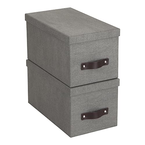 Bigso Box of Sweden Silvia Organizational Photo Storage Box with Leather Handle for Shelves and Stacks Easily | Durable and Decorative Storage Boxes with Lids | 5.9" x 6.5" x 11.6" | 2 Pack | Gray