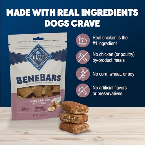 Blue Buffalo BeneBars Skin & Coat Support Dog Treats with Omega 3 & 6 Fatty Acids, Made with Natural Ingredients, USA Chicken & Coconut, 9-oz. Bag