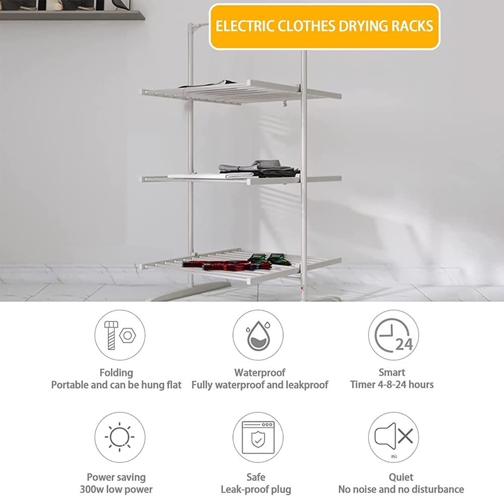 ZJIEX Electric Heated Clothes Airer Dryer 3-Tier Foldable Electric Clothes Dryers Indoor Low Energy Heated Drying Racks 300W 45-55℃ Constant Temperature