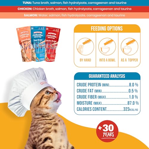 Beefeaters Cat Treats - Variety Pack Lickable Puree 48ct | Cat Food Salmon, Tuna, Chicken | Grain-Free, Taurine-Enriched | Training Treats - Interactive Feeding | Wet/Dry Food