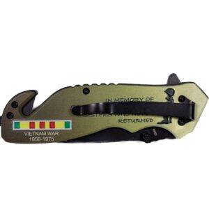 Folding Pocket Knife, 5 inch Stainless Steel Blade Pocket Knife with Vietnam War Veterans Flag| Vietnam War Memorial Collection In Memory of 58,479 brothers and sisters who never returned| with Pocketclip for Camping, Gifts for Father, Husband