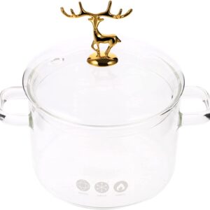 Glass Cooking Pot with Deer Cover - 1.4L/44oz Christmas Stovetop Cooking Pot with Lid Heat Resistant Glass Saucepan High Borosilicate Glass Cookware Stock Pot Simmer Pot Clear Soup Pot