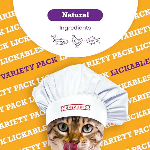 Beefeaters Cat Treats - Variety Pack Lickable Puree 48ct | Cat Food Salmon, Tuna, Chicken | Grain-Free, Taurine-Enriched | Training Treats - Interactive Feeding | Wet/Dry Food