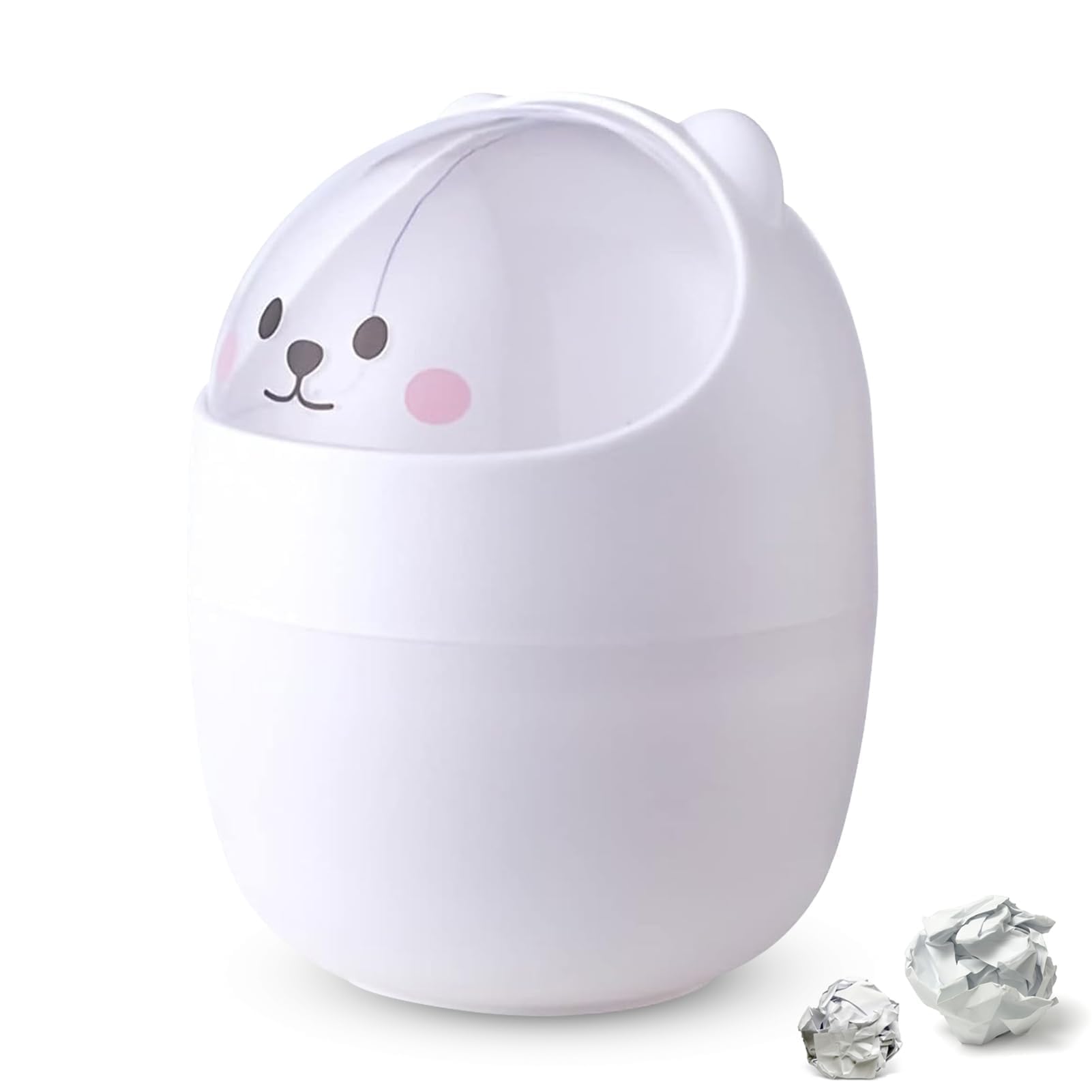 Cute Mini Desktop Trash Can, Cartoon Cat Animal Shape Waste Paper Bin with Swing Lid Mini Countertop Trash Can Small Garbage Can(White)