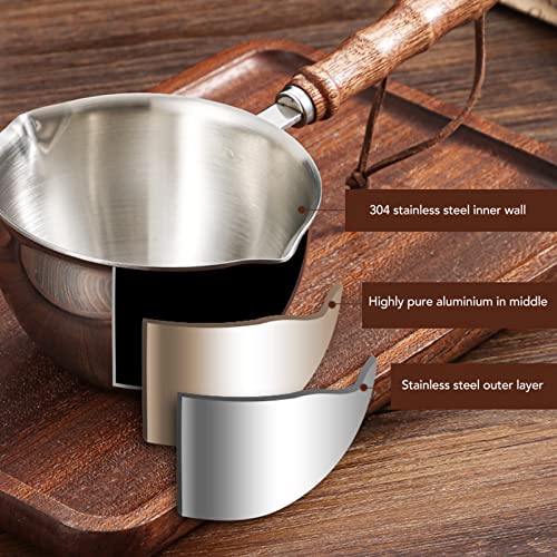 Fdit Dual Spout Warmer, Stainless Steel Mini Melting Pot with Wooden Handle, Multifunction Milk Pot Chocolate Melting Pan for Kitchen (200ML)