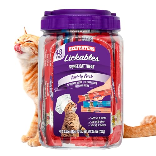 Beefeaters Cat Treats - Variety Pack Lickable Puree 48ct | Cat Food Salmon, Tuna, Chicken | Grain-Free, Taurine-Enriched | Training Treats - Interactive Feeding | Wet/Dry Food