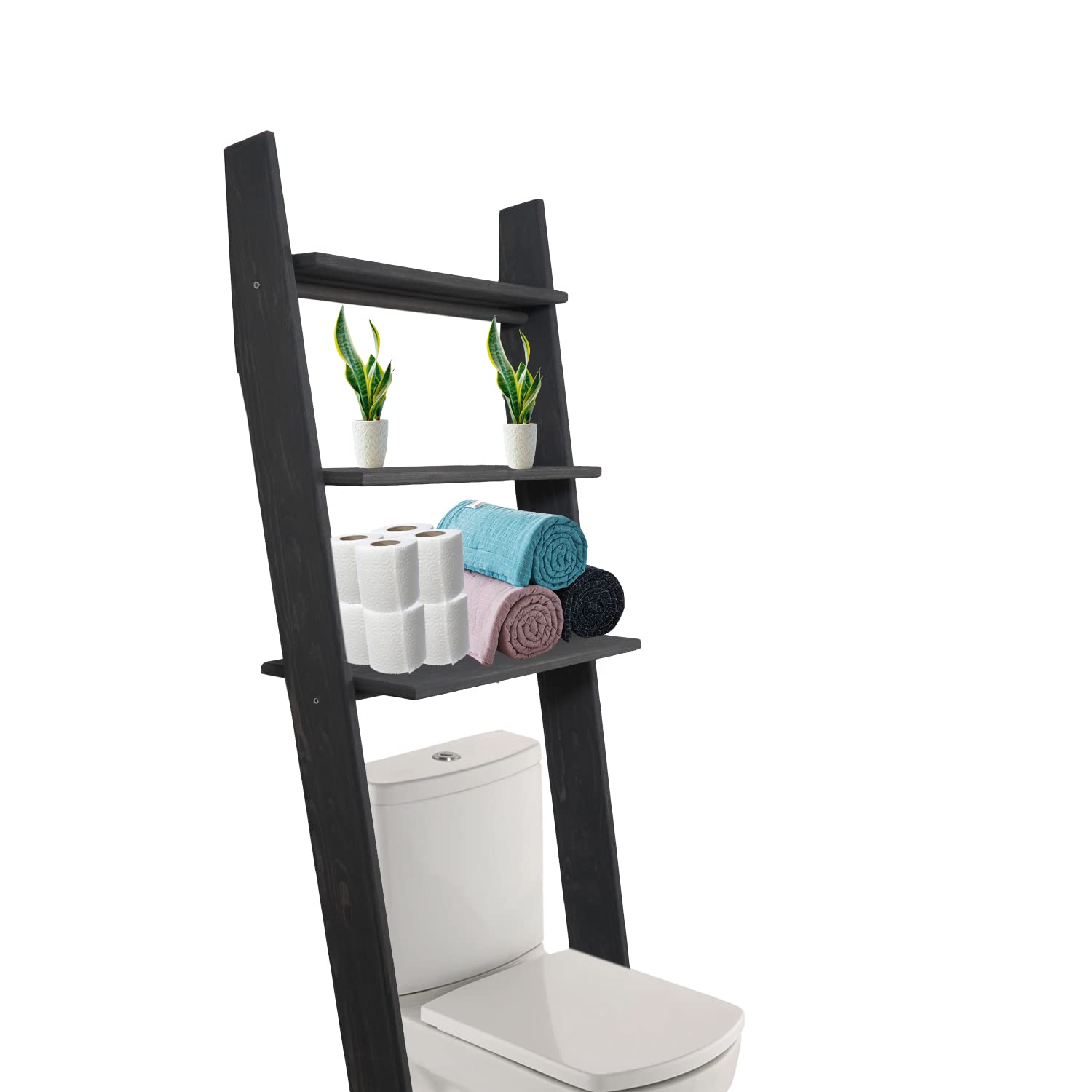 GENESIS WOODESIGN Over The Toilet Bathroom Organizer Shelves, 3-Tier Freestanding Above Toilet Storage Ladder Shelf, Standing Space Saver Behind Toilet Small Bathroom Organizer (Grey)