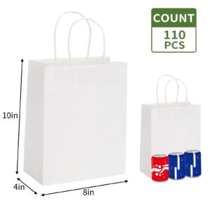 Moretoes White Paper Bags with Handles 110pcs, 8x4x10 Inch Bags, Medium Sizes Gift Bags for Small Business Shopping Retail Birthday Wedding Sacks, Party Favor Bags