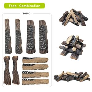 Large Gas Fireplace Logs, Set of 10 Ceramic Logs for Gas Fireplace, Artificial Realistic Firewood Logs, Indoor Outdoor Gas Logs for Fireplace Firepit, Ventless & Vent Free