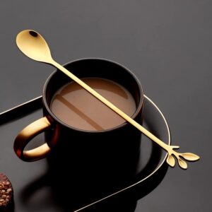 10 Pieces Stainless Steel Leaf Teaspoons Coffee Teaspoon 7.4 Inch Set Stainless Steel Long Handle Spoon Stir Bar Spoon Stirring Spoon Ice Cream Spoon Gold