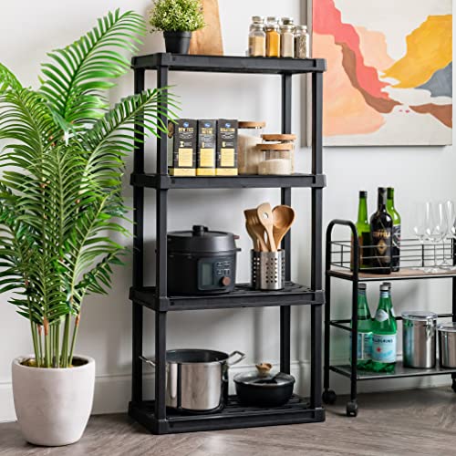 IRIS USA 4-Tier Heavy Duty Plastic Shelving Unit, 56" Tall - 100lbs per Shelf, Modular Garage Rack Storage Organizer for Home, Basement, Laundry & Utility Room, 18"D x 36"W x 56"H - Black