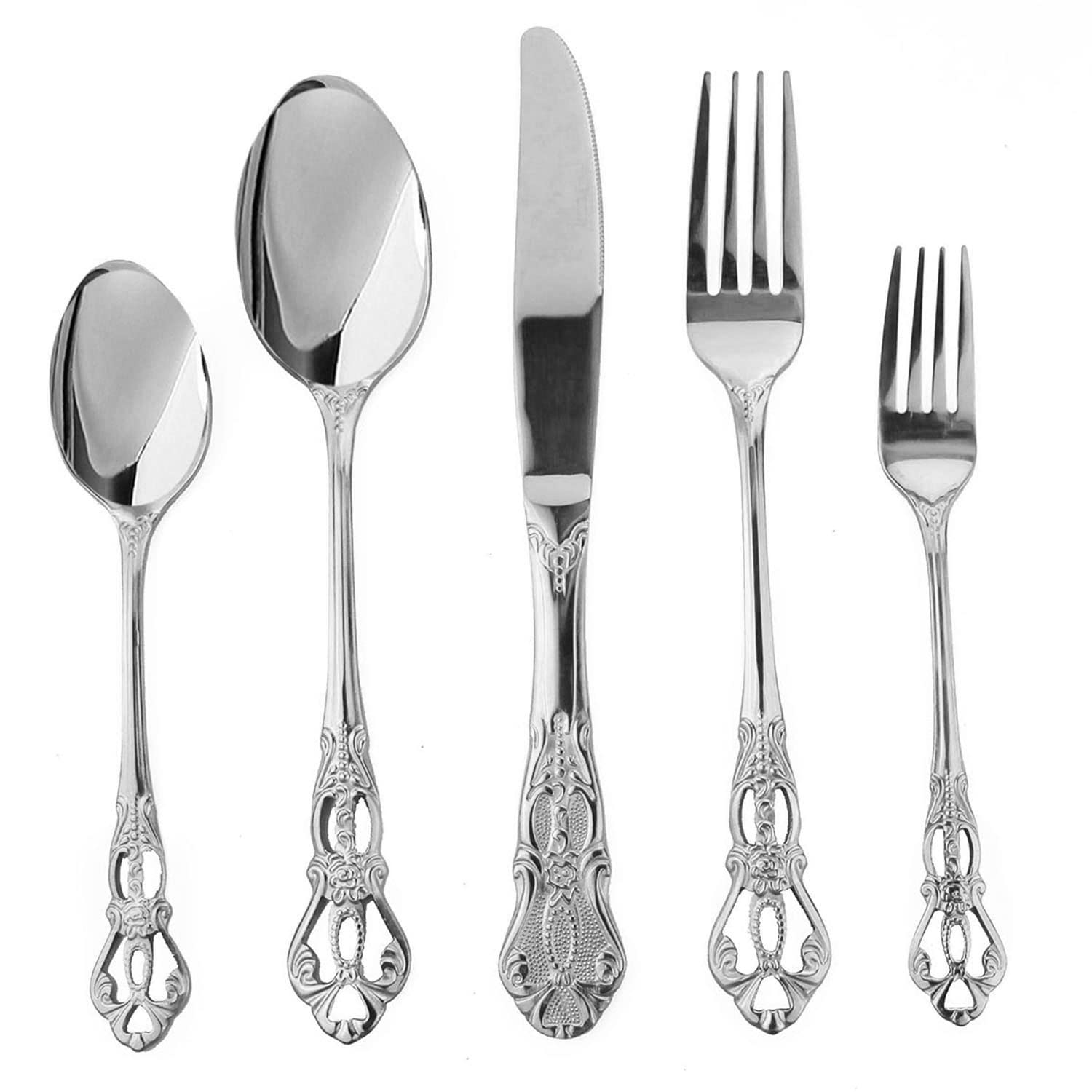 Dnalrhoi Gorgeous Retro Royal Silver 20 Pieces Silverware Set 18/10 Stainless Steel Service for 4 Cutlery Utensils Fork Spoon and Knife Mirror Polished Flatware Set(Silver)