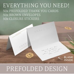 Thank You Cards with embossed letters and gold thread, 50 Pack Thank You Cards, 4 X 6 inch Thank You Cards With Envelopes and Stickers, Blank Cards with elegant design, for weddings, baby shower