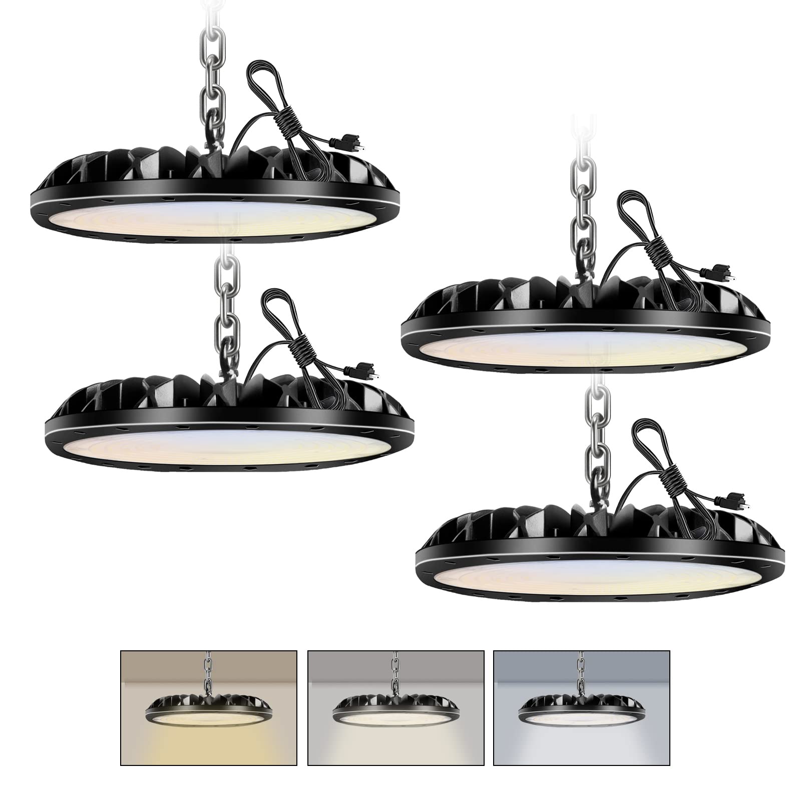 300W 30000LM UFO LED High Bay Light,4 Pack 3000K 4000K 6000K High Bay Shop Light, Commercial Bay Lighting with Hanging Chain &Plug, for Shop,Barn,Garage,Warehouse,Basement, Wet Location