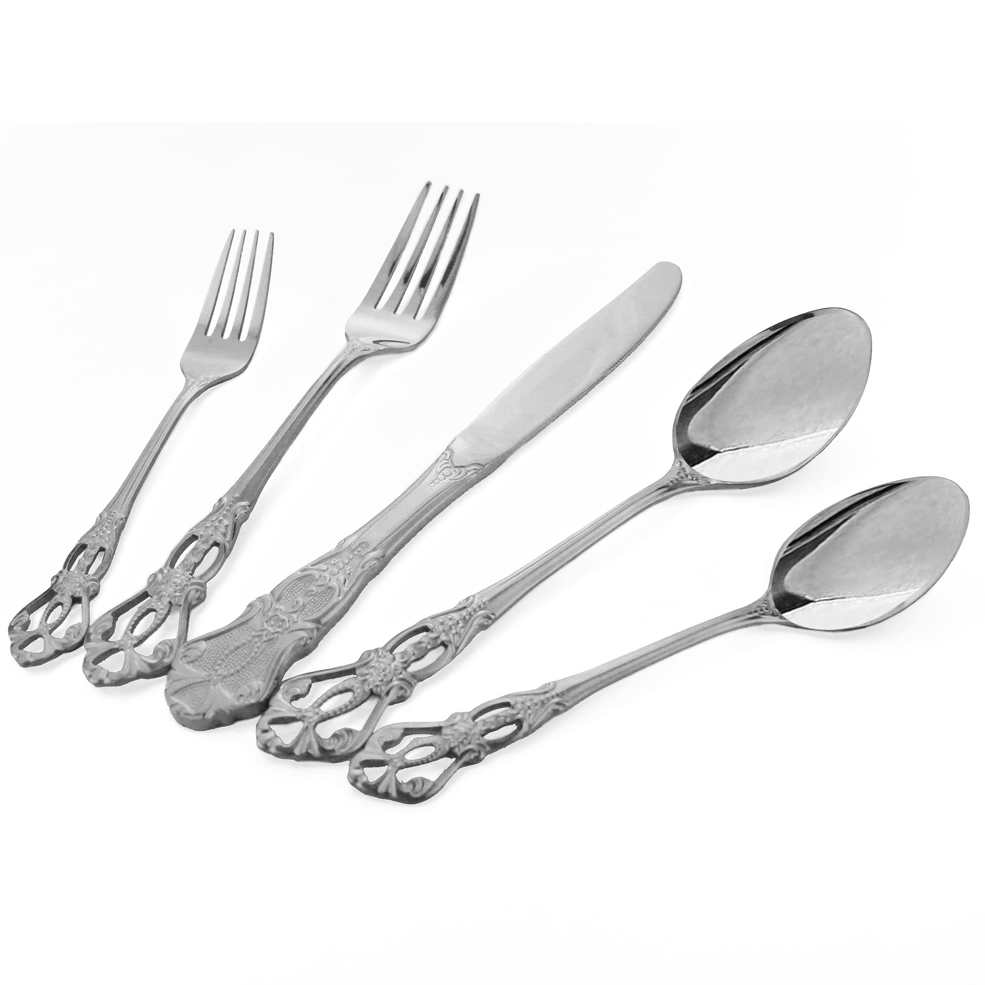 Dnalrhoi Gorgeous Retro Royal Silver 20 Pieces Silverware Set 18/10 Stainless Steel Service for 4 Cutlery Utensils Fork Spoon and Knife Mirror Polished Flatware Set(Silver)