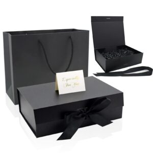 ciouyaos black gift box with lids, large ribbon luxury magnetic packaging box with paper bags, 2 greeting card and shredded paper filler for christmas wedding men women birthday presents